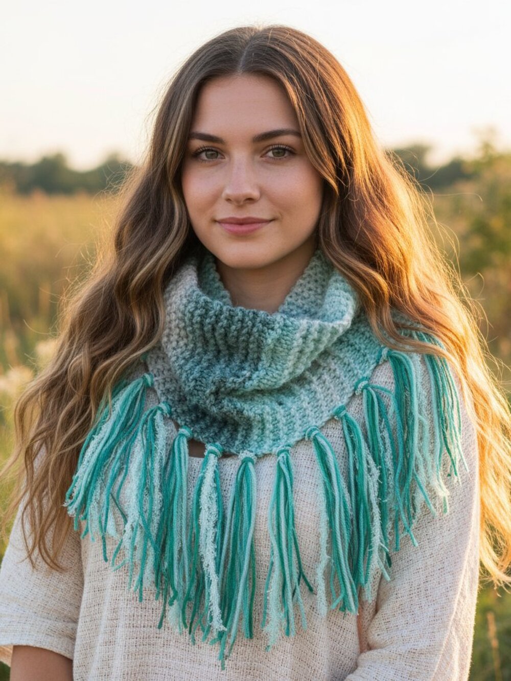 NEW Hand Knitted‎ Green Ombre Boho Cowl Scarf Fringe Cottage Boho Coquette Fairy